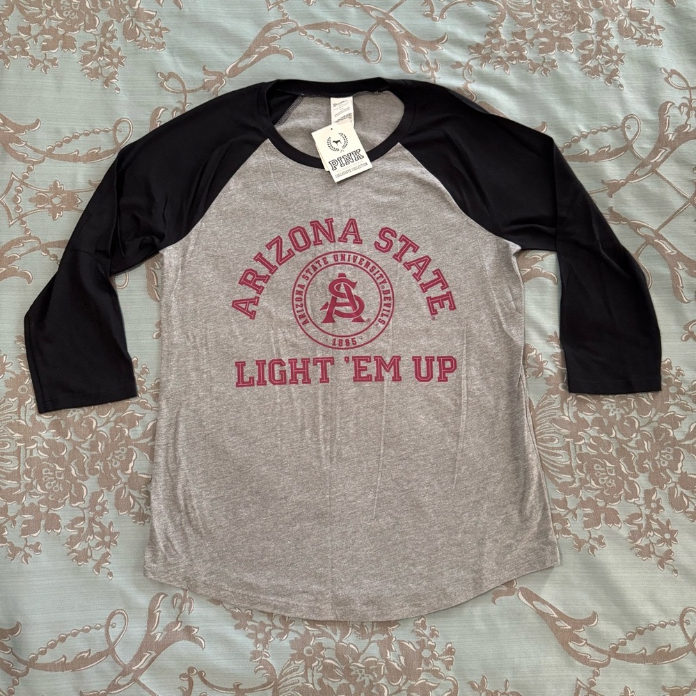 Victoria's Secret PINK ASU Gray Black 3/4 Sleeve Baseball Tee Shirt Size Large